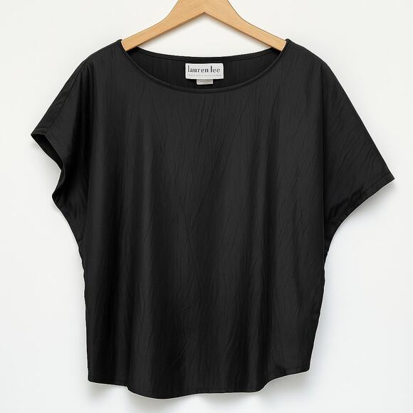 Lauren Lee Woman Blouse Black Crinkle Satin Short Sleeve Plus Size 1X Top - Picture 1 of 5